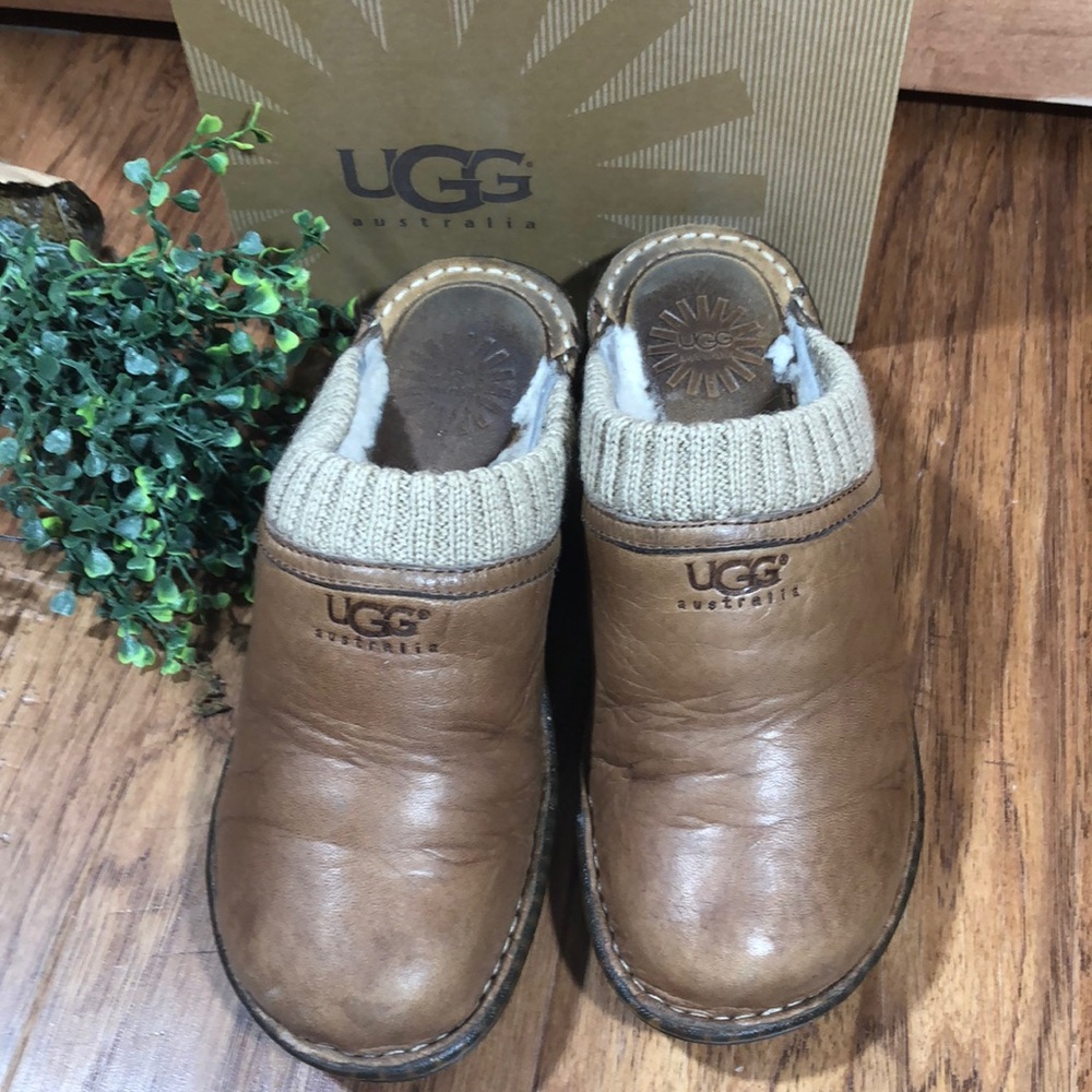 Ugg Gael Chestnut Leather & Shearling Mule Clogs 6
